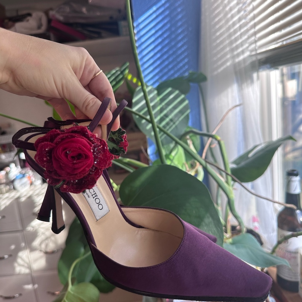 Jimmy Choo Purple Heels with Red Rose Accent